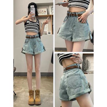 淺藍色牛仔短褲夏季女薄款2023新款夏小個子高腰A字闊腿熱褲夏天