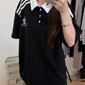 本土出貨 美式複古撞色三條槓polo領短袖t恤女夏季新款寬鬆學院風百搭上衣 R