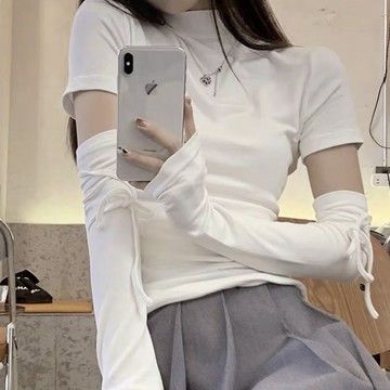 💖快速出貨夏季冰爽袖套防曬女長款手套袖子個性綁帶護臂運動騎車白色冰袖