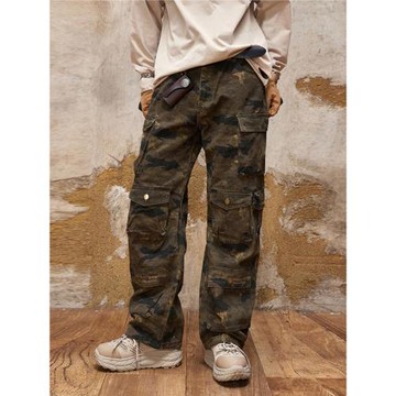 美式復古迷彩工裝牛仔褲男潮牌多口袋寬松直筒休閑長褲子春秋新款