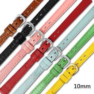 Watchband / 10mm / 各品牌通用 不鏽鋼扣頭 真皮錶帶 淺咖/黑/粉/藍/綠/紅/黃 ＃213-F