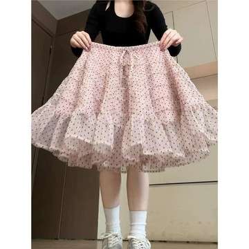 加購3658件🔥韓系ins粉色波點鬆緊腰百褶蛋糕半身裙女2026新款夏季a字蓬蓬中裙N1VR