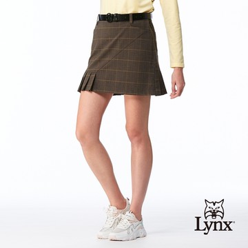 【Lynx Golf】女款日本進口布料彈性舒適不對稱下擺百褶後袋剪接織帶繡花造型休閒短裙-深卡其色