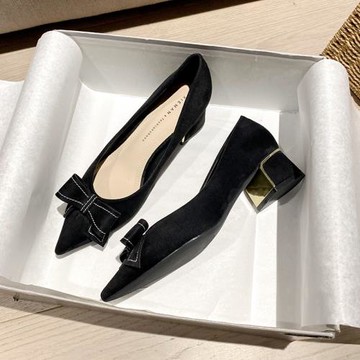 粗跟單鞋女2024年春秋新款淺口絨面黑色蝴蝶結尖頭高跟鞋女工作鞋