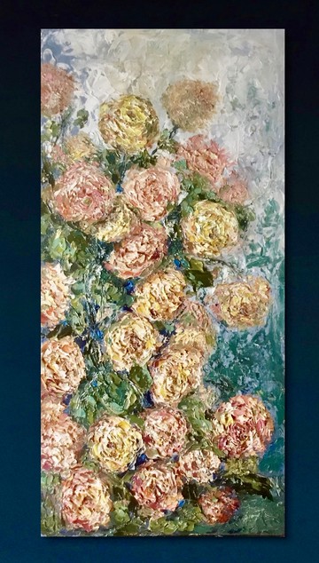 粉紅色和黃色的花朵原創油畫