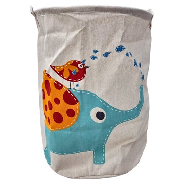 棉麻摺疊洗衣籃 輕巧方便攜帶 輕鬆收納  大象小鳥 米白色底  40 x 50cm