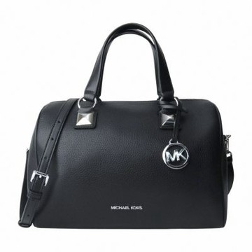 MICHAEL KORS 銀字荔枝紋皮革兩用波士頓包(素面黑)小款