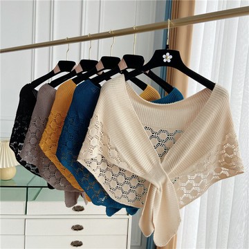 花朵鏤空小披肩外搭夏季護頸針織空調房搭肩打結圍脖假領子斗篷