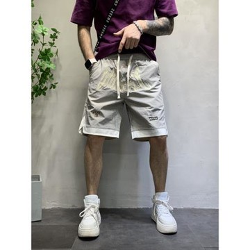 男士潮牌刺繡速干短褲2024夏季薄潮流百搭寬松休閑運動五分沙灘褲