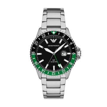 送禮首選★EMPORIO ARMANI 亞曼尼GMT時尚腕錶-銀X黑綠-AR11589-42mm 附提袋【全館滿額折價★APP下單點數4倍送】線上購買享_實體門市同步服務