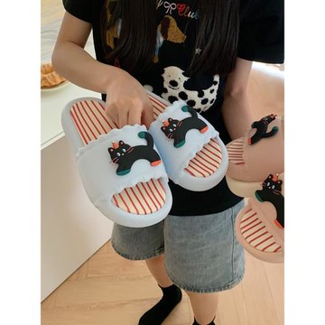 細細條 趣味黑色小貓拖鞋女夏外穿時尚防滑日系拼色休閑一字涼拖