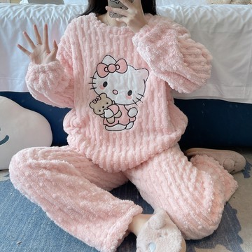 Xuan♥卡通貓珊瑚絨睡衣女秋冬新款加絨加厚家居服冬季保暖長袖套裝