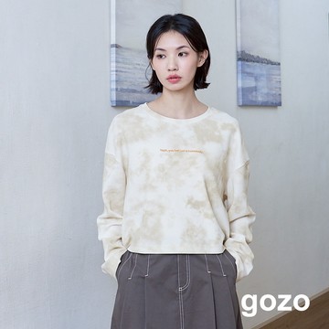 【gozo】宅女標語暈染短版長袖T恤(米色/淺綠_F) | 女裝 圓領 休閒