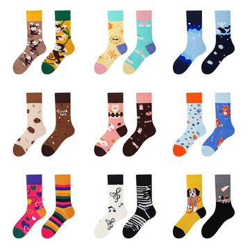 新款多巴胺穿搭潮流長襪不對稱AB鴛鴦襪卡通動物兒童彩虹中筒棉襪