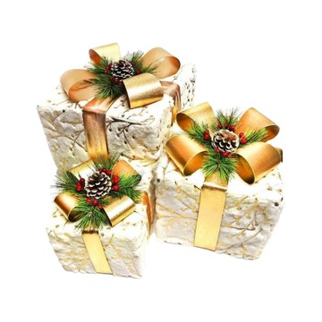 摩達客 白毛絨燙金花紋蝴蝶結禮物盒套組擺飾 Set 3  1組  大中小