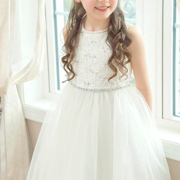 日本 Catherine Cottage - 腰鑽飾前蕾絲後緞面洋裝/小禮服-米白