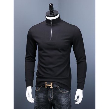 半拉鏈t恤男長袖潮流秋春秋薄款立領上衣加絨莫代爾中高領打底衫