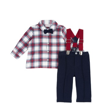 格紋襯衫+活動吊帶長褲套裝