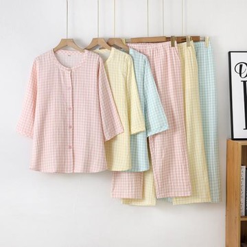 雙層純棉紗布無印風格子女士七分袖九分褲春夏薄款睡衣舒適家居服