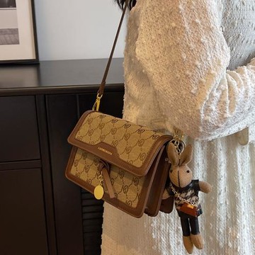 韓版復古時尚手提小包包女帆布拼接格紋小方包2025新款休閑斜挎包