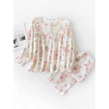 卡通純棉紗布睡衣女春秋款薄款長袖開衫木耳蕾絲花邊家居服套裝