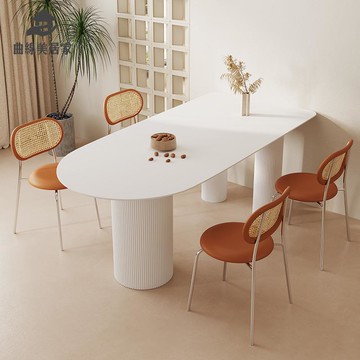 純白色巖板餐桌 輕奢奶油風 高端橢圓形餐廳羅馬柱飯桌家用簡約桌子qxm8251
