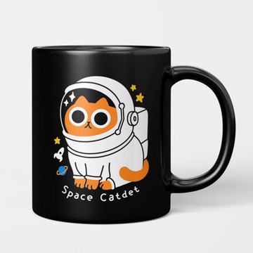 黑色設計高級感小眾貓咪宇航員馬克杯帶蓋帶勺子水杯子禮物男少女