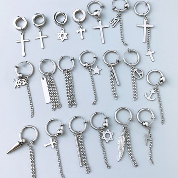 【SK飾品】棍子鍊條流蘇垂墜 (夾式/針式) 男生耳環 鈦鋼耳環【0818】羽毛 十字架 閃電 星星 骷髏 船錨 男耳夾