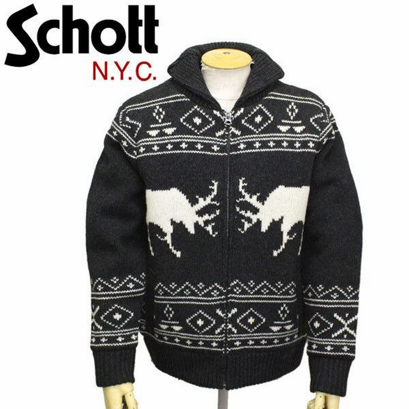 Schott (ショット) 46714 F2048 ELK MOTIF ZIP BOA LINED SWEATER カウチンニット ジャケット  009BLACK | LINEブランドカタログ