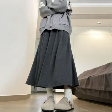 臺灣/✨長裙 半身裙灰色糯米裙女2025新款高腰a字傘裙中長款針織加長半身裙休閒裙子