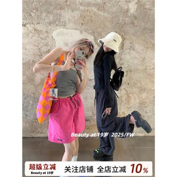 多巴胺戶外登山速干褲女夏季2025新款美式復古寬松短褲休閑運動褲