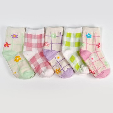 韓國連線 - (五入組)韓製兒童中筒襪-色塊格紋X花彩