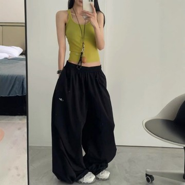 夏季薄款速幹運動褲女寬松百搭潮流設計感闊腿拖地褲垂墜感傘兵褲鑫弘-素時衣櫥