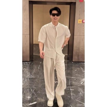 【夏季套裝】夏季痞帥穿搭套裝寬鬆高級感冰絲短袖襯衫一整套男秋季褲子兩件套