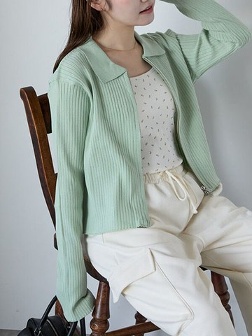 羅紋袖開岔翻領雙頭拉鍊開襟衫(0F000499710) - ehka sopo