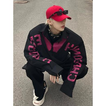 歐美hiphop設計感涂鴉撞色長袖襯衫男vibe高街復古痞帥墊肩外套潮