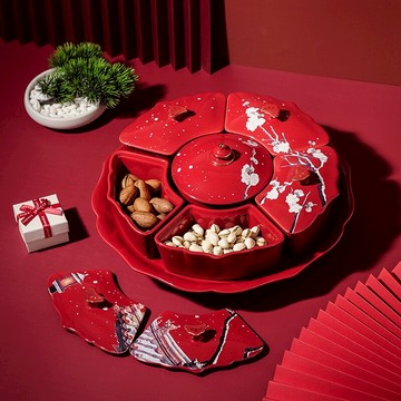 旋轉干果盤糖果盒喜慶陶瓷堅果瓜子水果盤零食分格帶蓋過年新中式