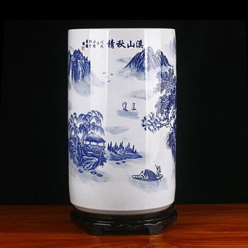 全手繪新中式陶瓷器青花釉下彩山水書畫筒傘筒擺件裝飾品工藝品