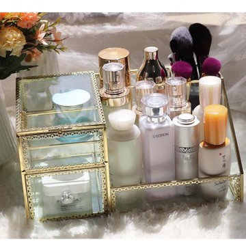 皇冠金北歐有蓋玻璃化妝品收納盒置物架口紅透明桌面梳妝臺整理盒