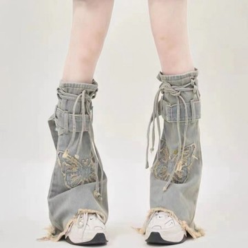 熱銷🔥新品 牛仔腿套 小衆 美式 辣妹 復古 甜酷個性 jk 牛仔襪套 新款 設計綁帶 堆堆襪 泡泡襪