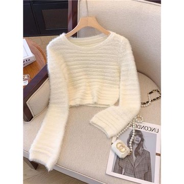 專柜撤回大牌剪標女裝仿水貂毛短款毛衣女秋冬小個子顯瘦針織上衣