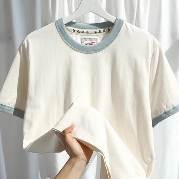 香草白湖藍色 210g重磅精梳棉二本針拼接撞色純棉短袖t恤男女裝夏