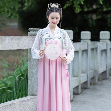 中國風漢服改良連衣裙女齊胸襦裙仙氣飄逸古風刺繡漢元素學生套裝1入