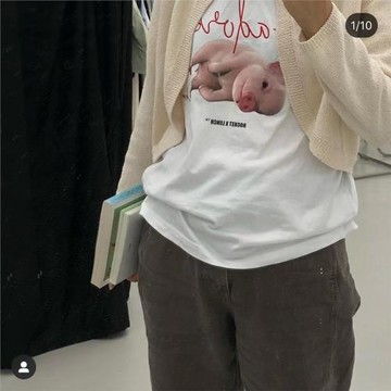 (柒柒)虞書欣同款豬豬女孩t恤女寬松甜酷可愛萌趣小豬仔圓領休閑