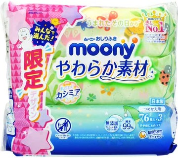 Unicharm Moony Wet Wipes, Soft Material, Refill, 76 Wipes x 3