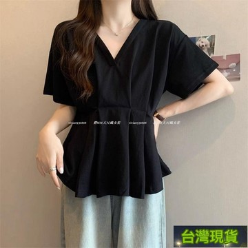 台灣發貨🔥100公斤可穿 大尺碼短袖上衣女 大碼女裝韓版 收腰顯瘦 胖mm法式領上衣女 壓褶遮肚子顯瘦 短袖t恤上衣