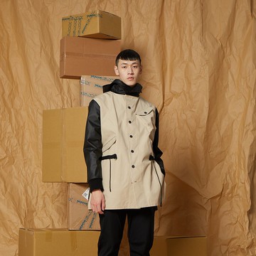 【防潑水】高領連帽軍外套 - 卡其