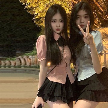 雨菲|免運 JK制服 JK套裝 短裙 百褶裙 水手服 社會女夏季jk少女套裝網紅同款蝴蝶結Polo領收腰短袖襯衫+蛋糕裙
