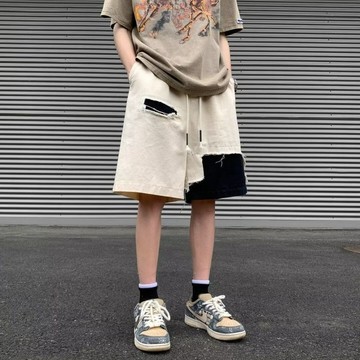 2號倉庫 夏季男短褲 大尺碼冰絲短褲 破洞牛仔短褲男士夏季潮牌寬鬆日系休閒男款美式復古五分褲子男生