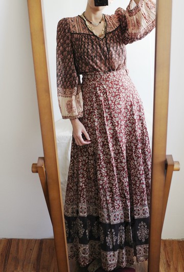 Vintage 70s 老印度手工蓋印一片式綁帶裙